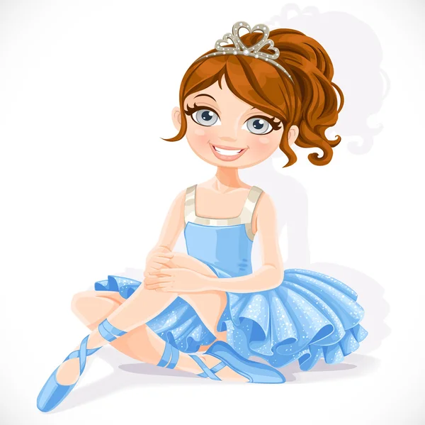 Beautiful ballerina girl in blue dress and tiara sit on floor is — Stock Vector