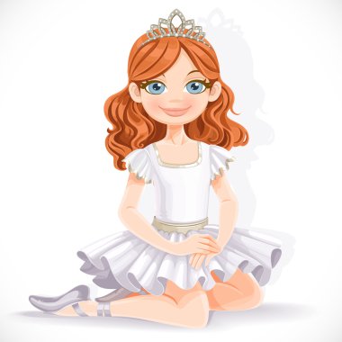 sevimli balerin kız beyaz elbise ve taç oturup üzerinde kat isolat