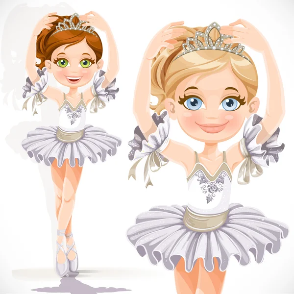 Mooie kleine ballerina meisje in witte jurk en tiara isoleren — Stockvector