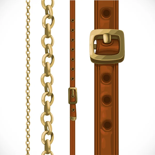 Leather belts with brass buckles and large and small seamless ch — Stock Vector