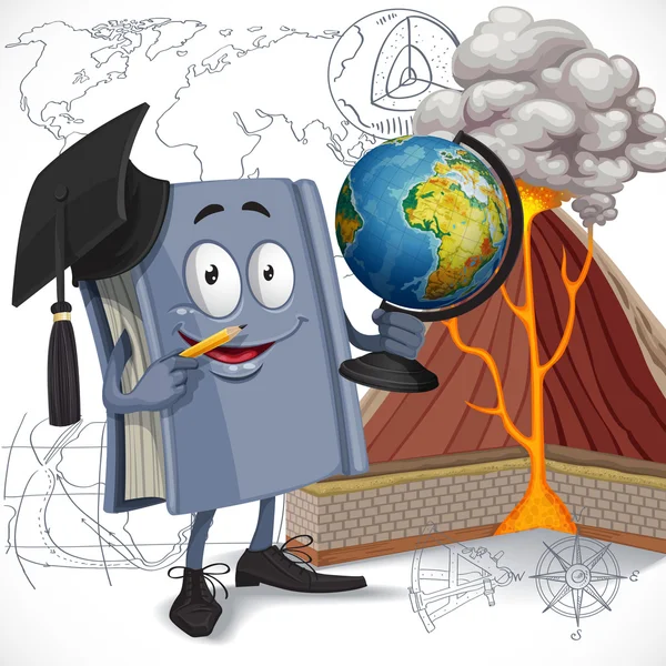 Schulbuch Geographie halten Globus Diagramm der Vulkan backg — Stockvektor