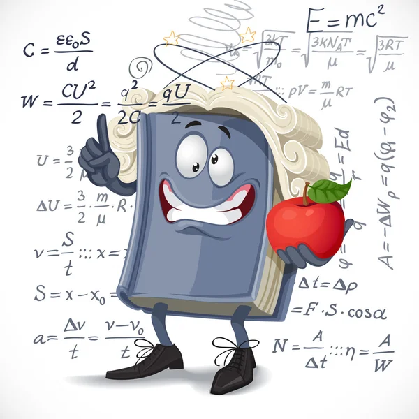 Schoolfysica leerboek hobbel appel op hoofd op formule achtergrond — Stockvector
