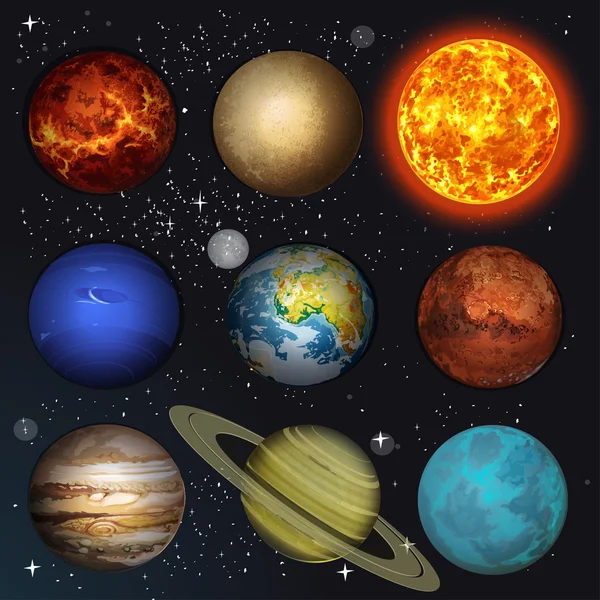 Vector ilustración planetas sistema solar y el sol en estrellas backgr — Vector de stock