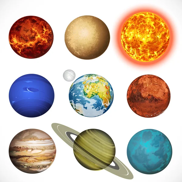 Vector ilustración planetas sistema solar y el sol aislado en whi — Archivo Imágenes Vectoriales