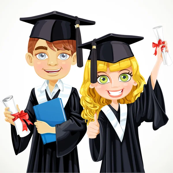 Cute teenage girl and boy in cap and gown graduate holding a scr — Stock Vector