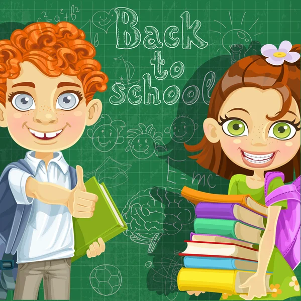 Powrót do szkoły - chłopiec kręconych włosach i słodkie dziewczyny z książek w t — Wektor stockowy