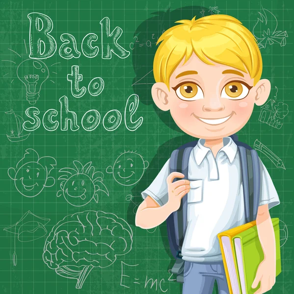 Πίσω στο σχολείο - χαριτωμένο ξανθό αγόρι με βιβλία στο μαυροπίνακα — Διανυσματικό Αρχείο