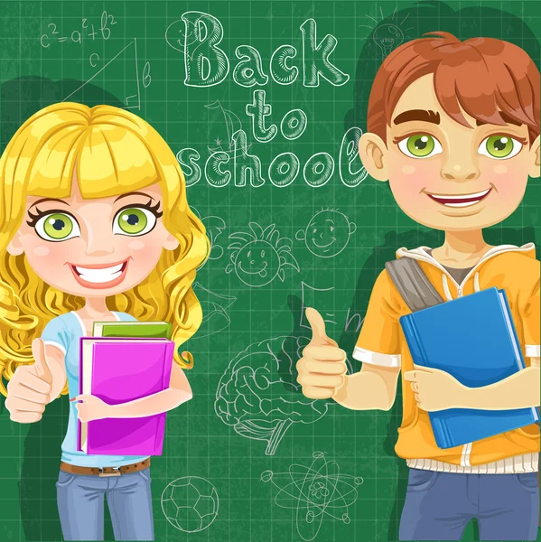 Back to school - Teenage boy and girl  with books at the blackbo — Stock Vector