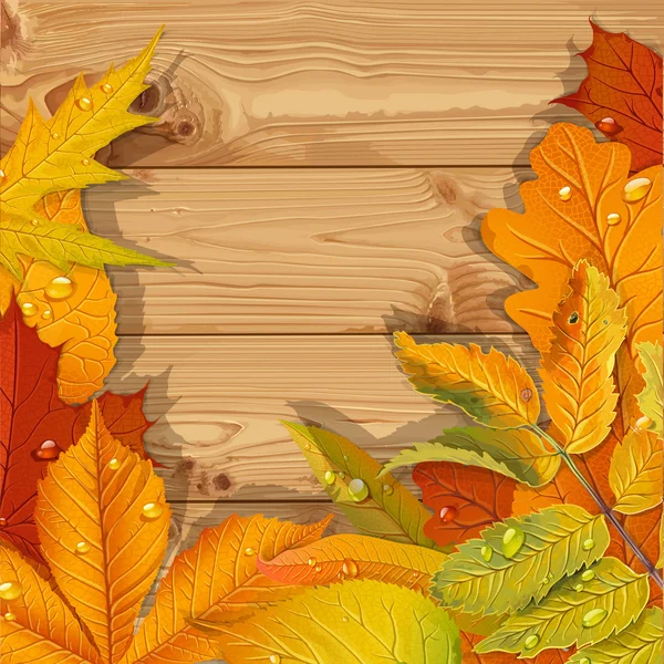 黄色と赤の秋の葉の木製の背景 — ストックベクタ