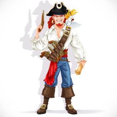 Brave pirate with pistol hold pirate treasure map isolated on a  clipart