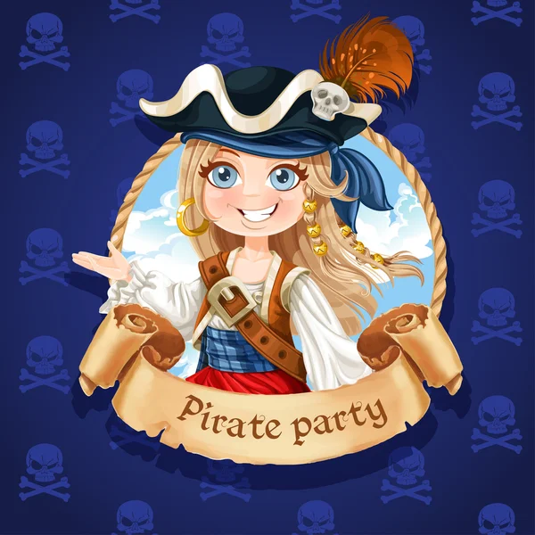 Милый пират женского пола. баннер для пиратской стороны — стоковый вектор