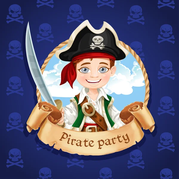 Cute little boy pirate with cutlass. Banner for Pirate party — стоковый вектор