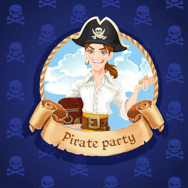 Lindo joven pirata con tesoros. Banner para fiesta pirata — Vector de stock