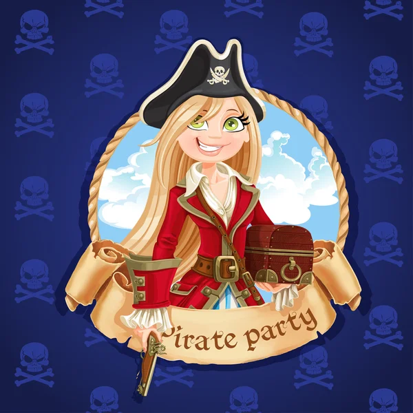 Chica linda pirata con cofre del tesoro. Banner para fiesta pirata — Vector de stock