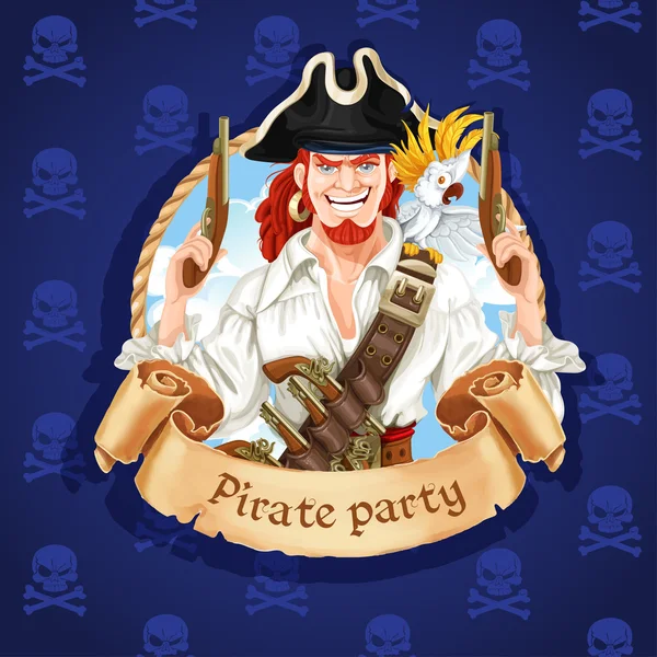 Simpatico pirata con il pappagallo. Banner per il partito pirata — Vettoriale Stock