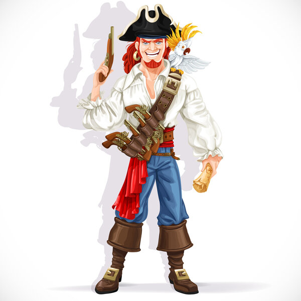 Brave pirate with pistol hold pirate treasure map isolated on a 