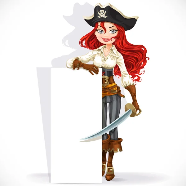 Cute pirate girl hold big vertical banner isolated on a white ba — Stock Vector