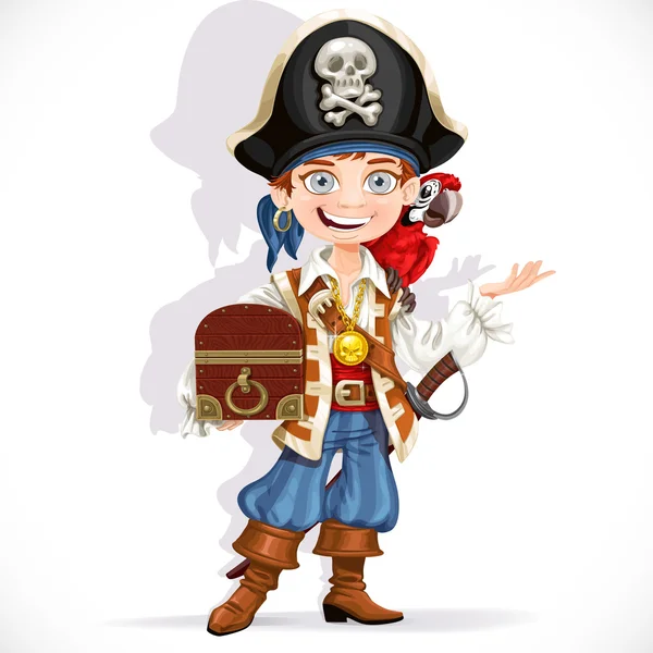 Cute pirate boy with red parrot hold treasure chest isolated on a white background — Stock Vector