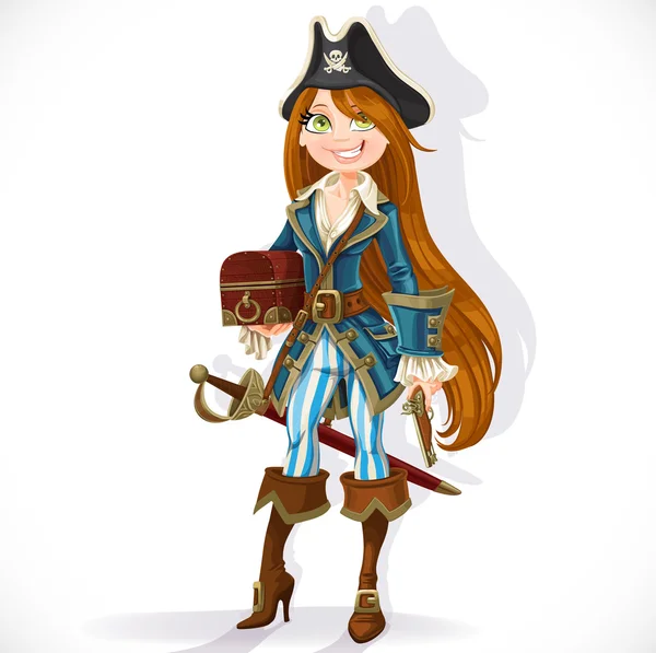 Menina bonito pirata com espada, pistola e peito isoladas em um wh —  Vetores de Stock