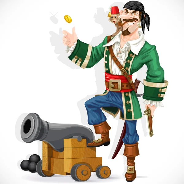 Cute pirate with monkey throw up golden coin stand  on cannon — Stock Vector