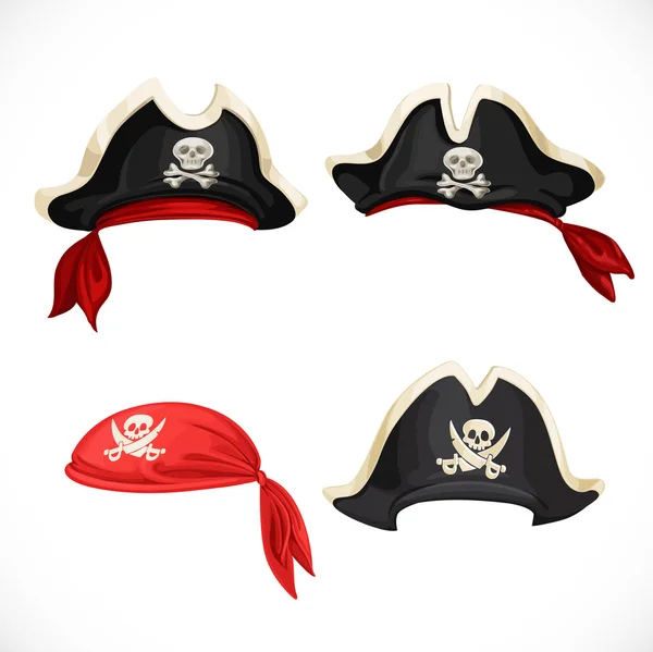 Conjunto de chapéus de pirata e bandana com Jolly Roger — Vetor de Stock