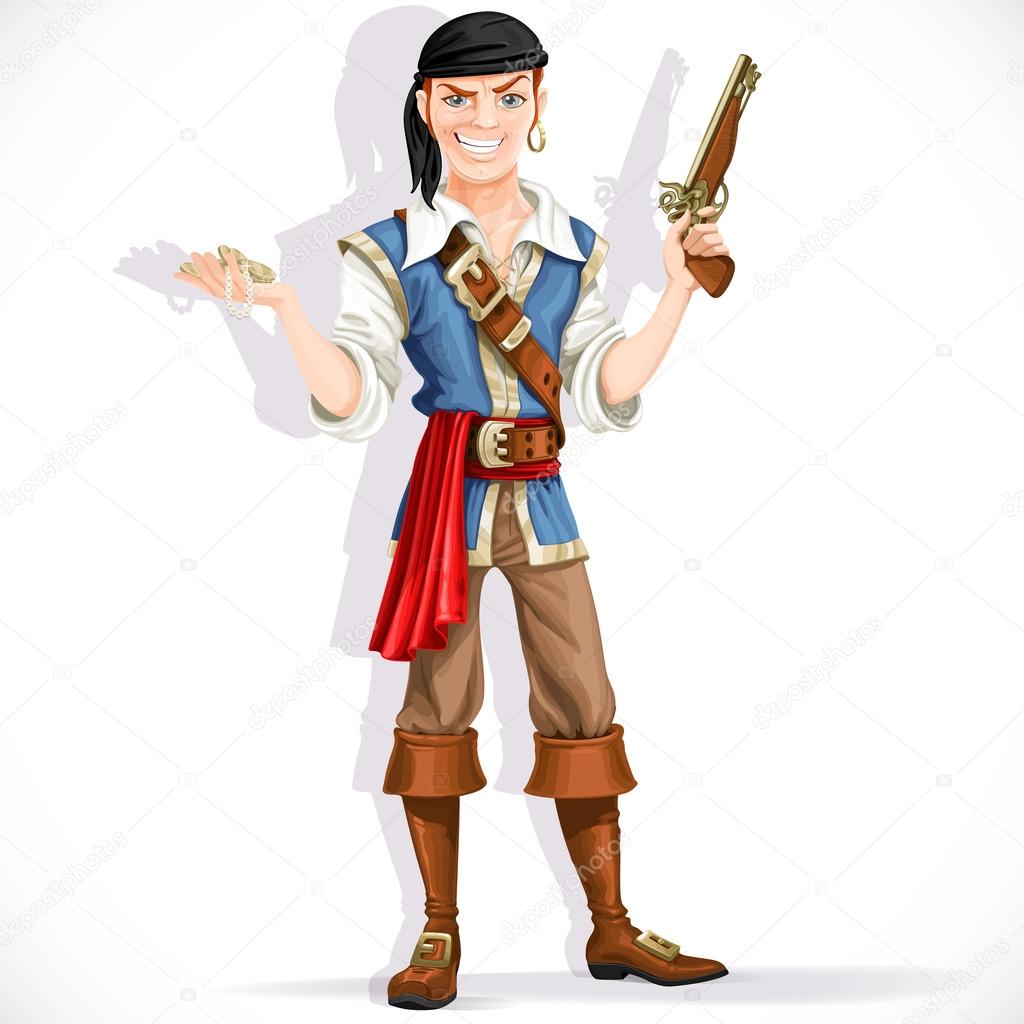 Brave pirate with pistol isolated on a white background