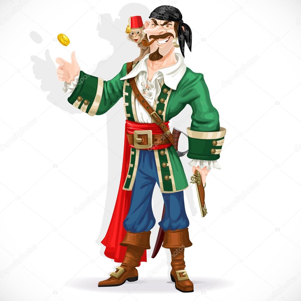 Cute pirate with monkey throw up golden coin