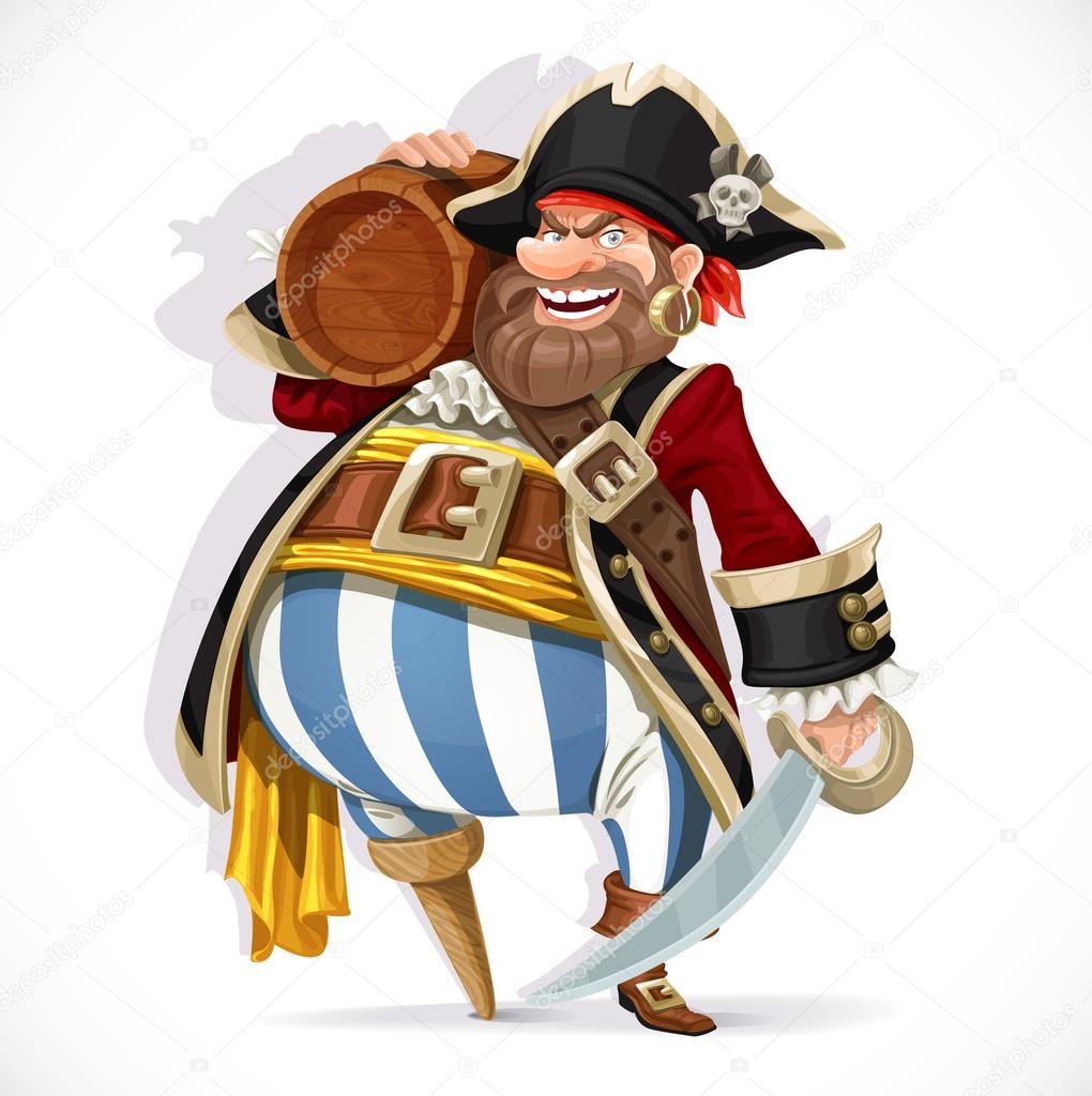 Old pirate with a wooden leg holding a keg of rum
