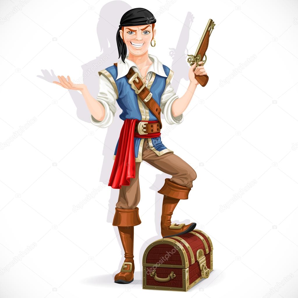 Cute pirate with pistol and chest isolated on a white background