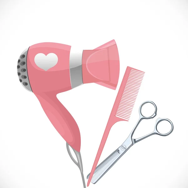 Secador com concentrador, tesoura e pente isolado em um fundo branco de cabelo rosa — Vetor de Stock