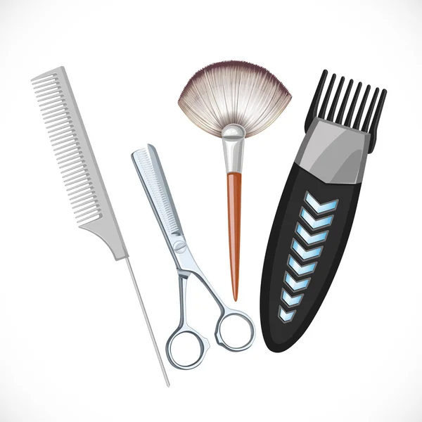 Set hairdressing tools - hair clipper, scissors, brush, comb  isolated on a white background — Stock Vector