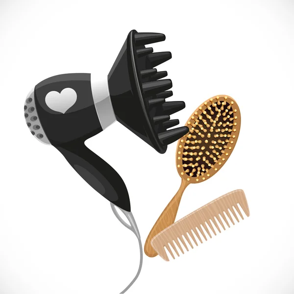 Sèche-cheveux avec diffuseur et peignes isolés sur fond blanc — Image vectorielle