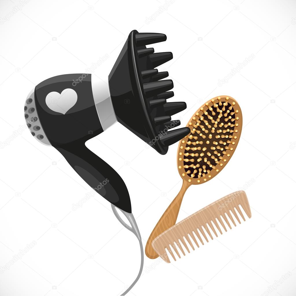 Hair dryer with diffuser and combs isolated on a white background