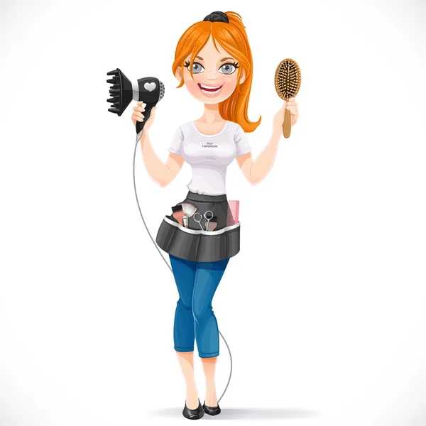 Cute redhead girl hairdresser with hair dryer and hairbrush port — Stock Vector