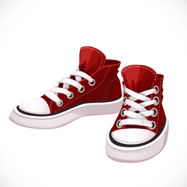 Roja deportes zapatillas con cordones blancos aislados sobre fondo blanco — Vector de stock