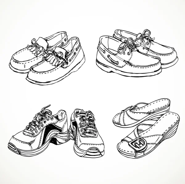 Boceto de zapatos para hombres y mujeres mocasines, zapatillas de deporte, mujer s — Vector de stock