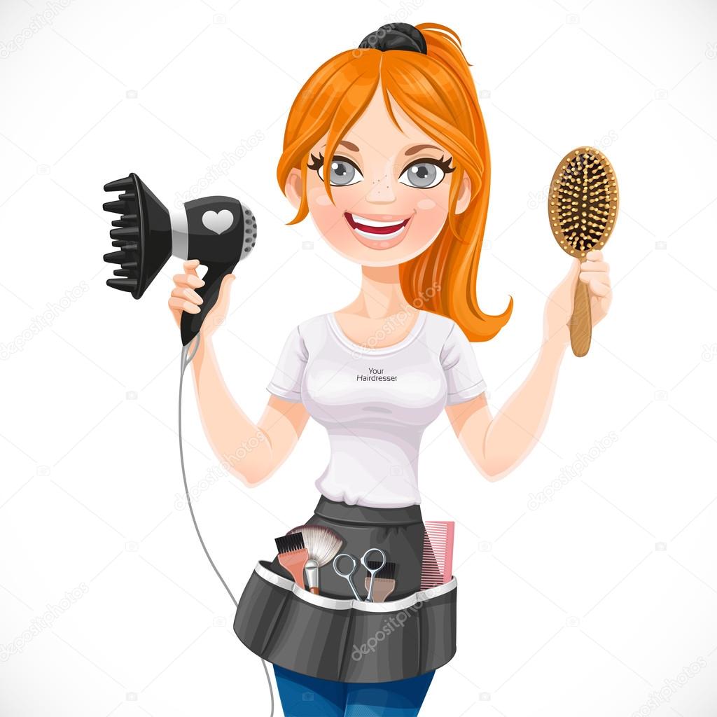 Cute redhead girl hairdresser with hair dryer and hairbrush isol
