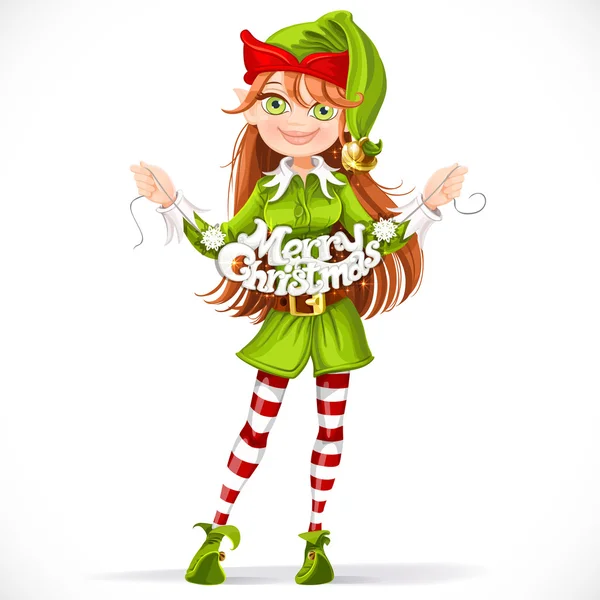 Cute girl elf with the words Merry Christmas garland — Stock Vector