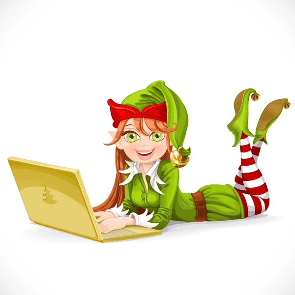 Santa helper girl lies behind the notebook — Stock Vector