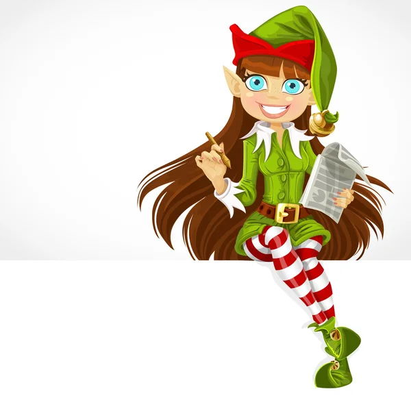 Roztomilá dívka nový rok elf připraveno k záznamu přání sedět na bílém — Stockový vektor