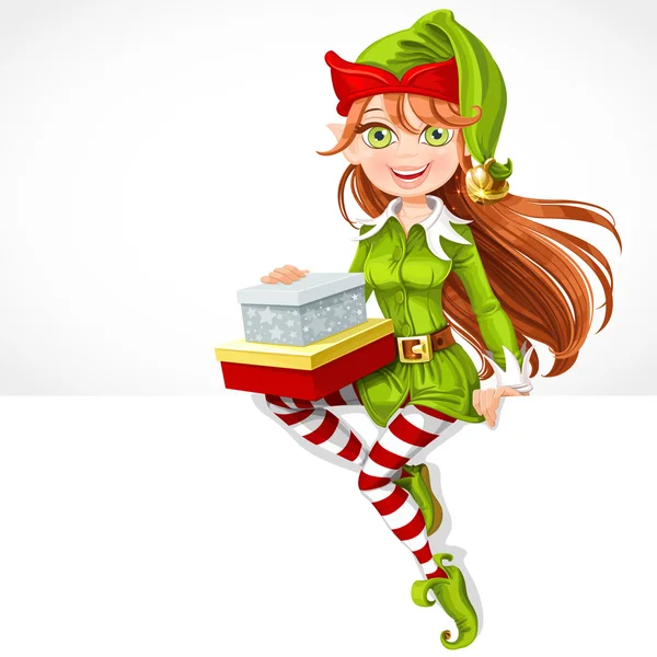 Cute girl Santa elf with gifts sit on white banner — Stock Vector