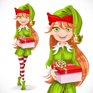 Sevimli kız Santa elf beyaz bir arka plan üzerinde izole bir hediye vermek