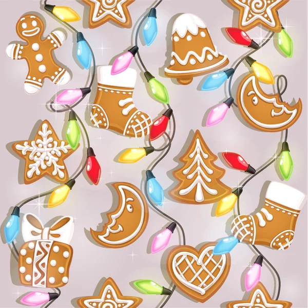 Perfecta textura de pan de jengibre de Navidad y guirnaldas de colores — Vector de stock