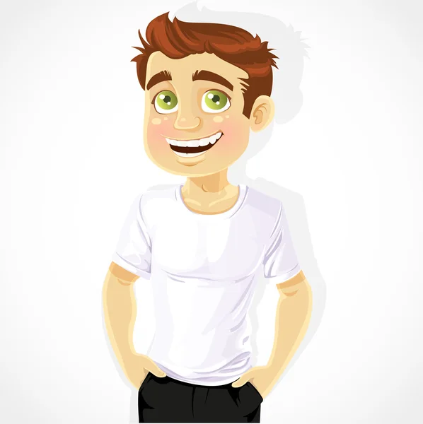 Cute man shows a white T-shirts isolated on a white background — Stock Vector