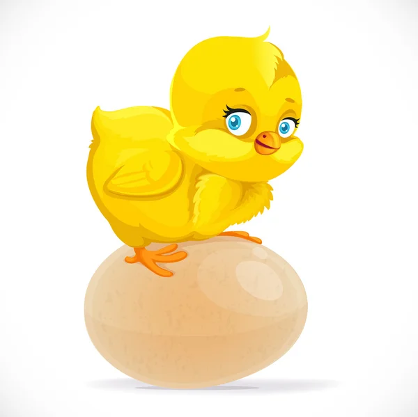 Little cute yellow cartoon chick sitting on an egg isolated on a — Stock Vector