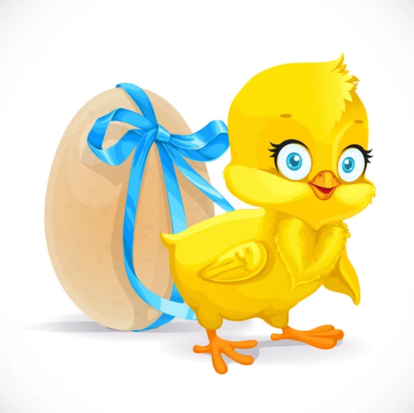 Fluffy poco huevo y la gallina atada con una cinta azul — Vector de stock