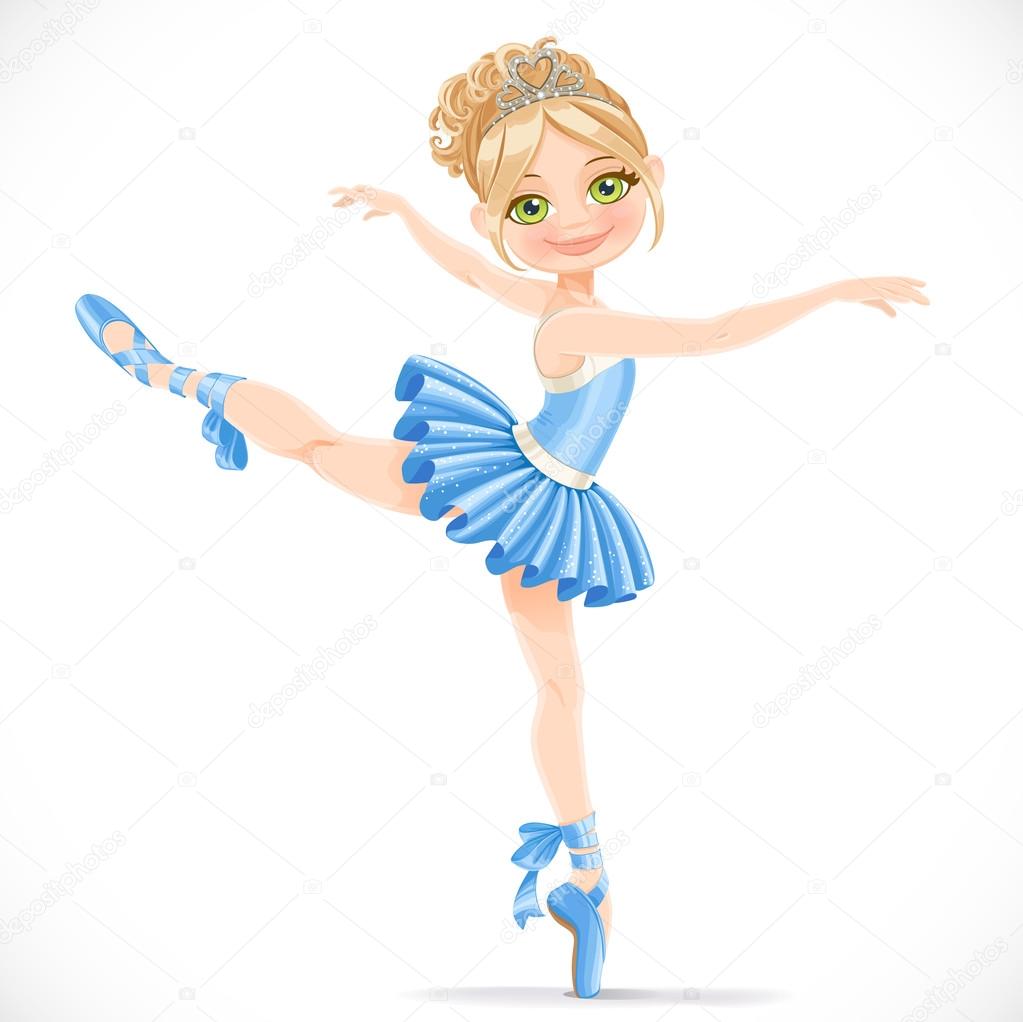Ballerina girl dancing in blue dress isolated on a white backgro