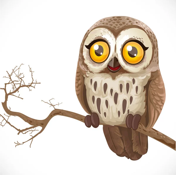 Cute cartoon owl sitting on a branch isolated on a white backgro — Stock Vector