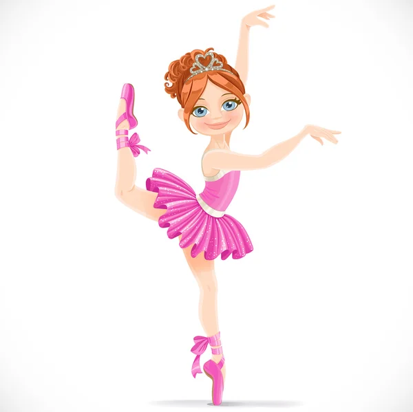 Chica bailarina de vestido rosado bailando en una pata aislada en un wh — Vector de stock