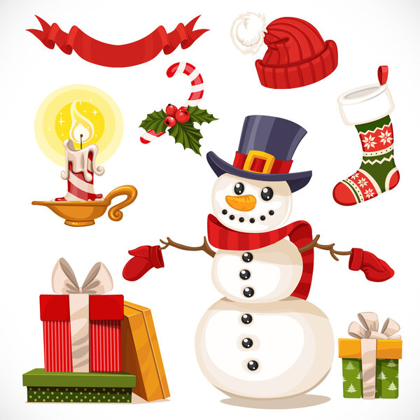 набор рождественского снеговика символов, свечи, подарки, изолированные на белом 